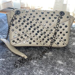 Beige Armani purse with chain strap and silver rivets